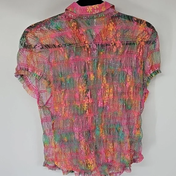 Free People Julie Printed Sheer Lace Mesh Smocked Top Tropical Sunset‎  Combo - Picture 7 of 14